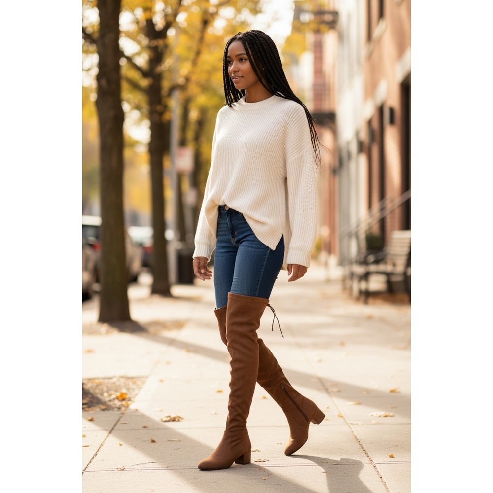 Gianni Bini Women's Over The Knee Boots Size 7 Cognac Faux Suede Block Heel NWT